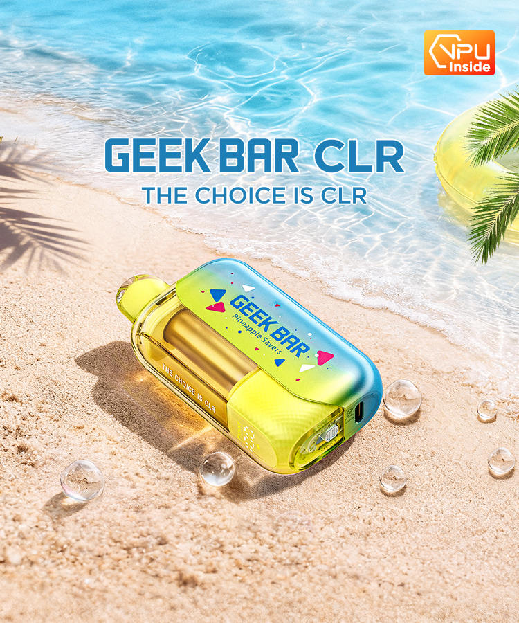 Geek Bar CLR 50K disposable vape with transparent tank and 3D waterfall glow design
